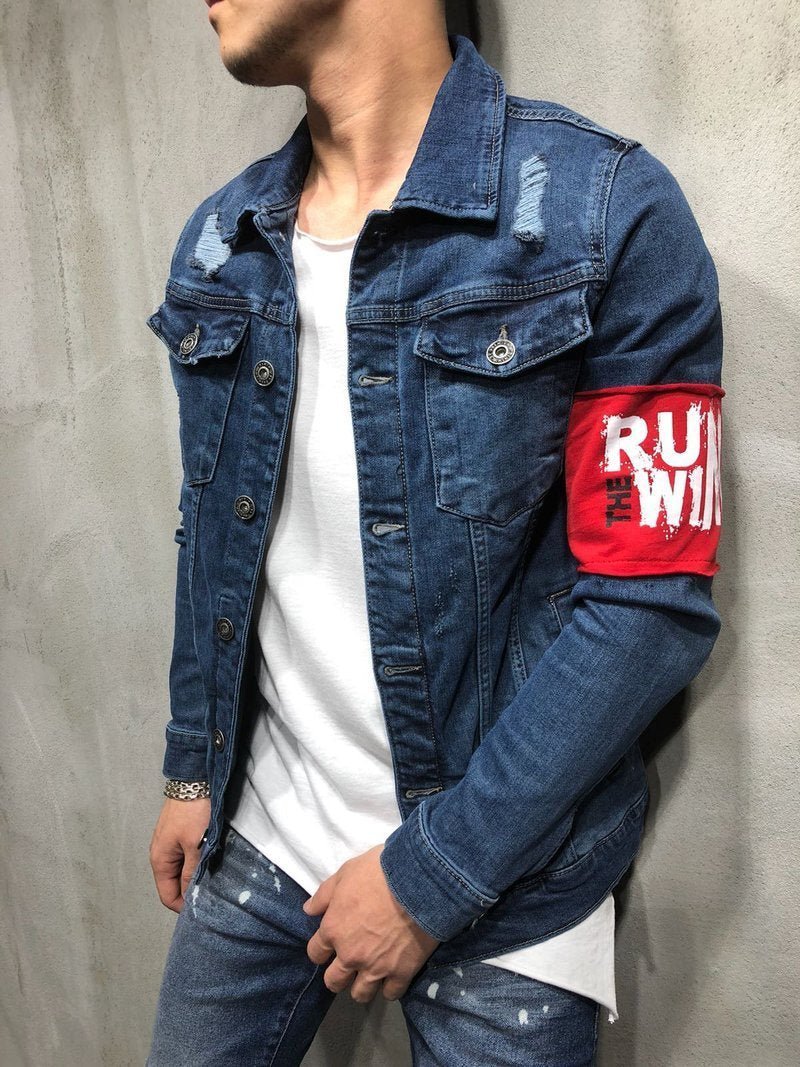 RED ARMBAND STREETWEAR DENIM JACKET 3787 - jameswhite001