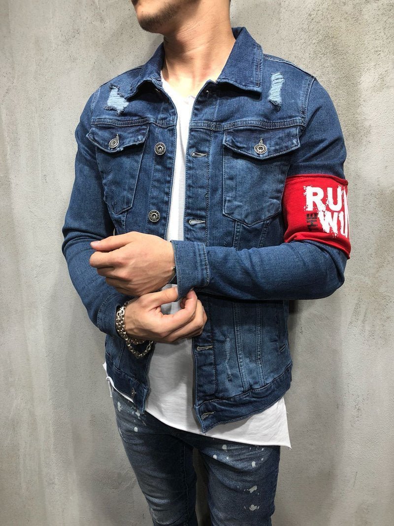 RED ARMBAND STREETWEAR DENIM JACKET 3787 - jameswhite001