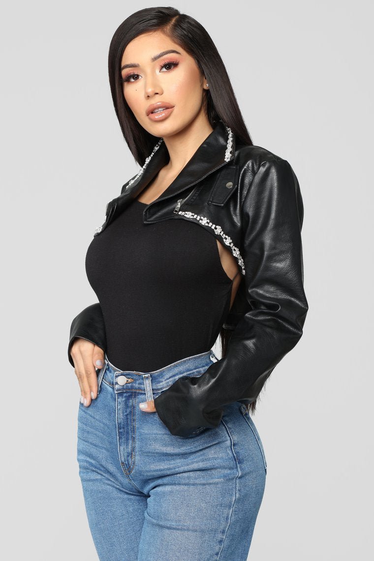 Rhinestone Flair Cropped Jacket - Black - jameswhite001