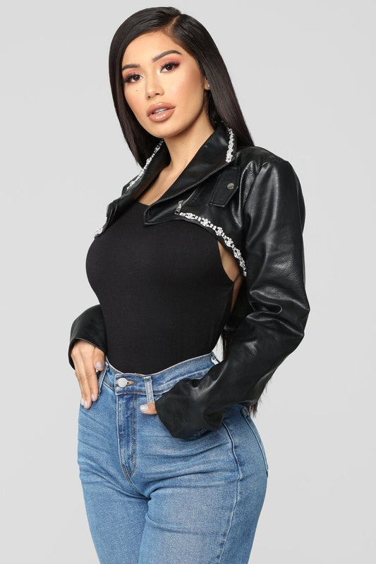 Rhinestone Flair Cropped Jacket - Black - jameswhite001