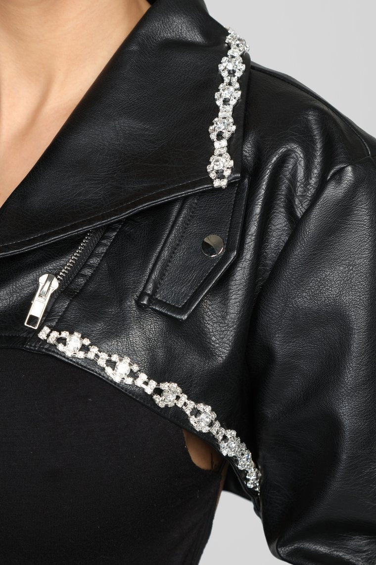 Rhinestone Flair Cropped Jacket - Black - jameswhite001