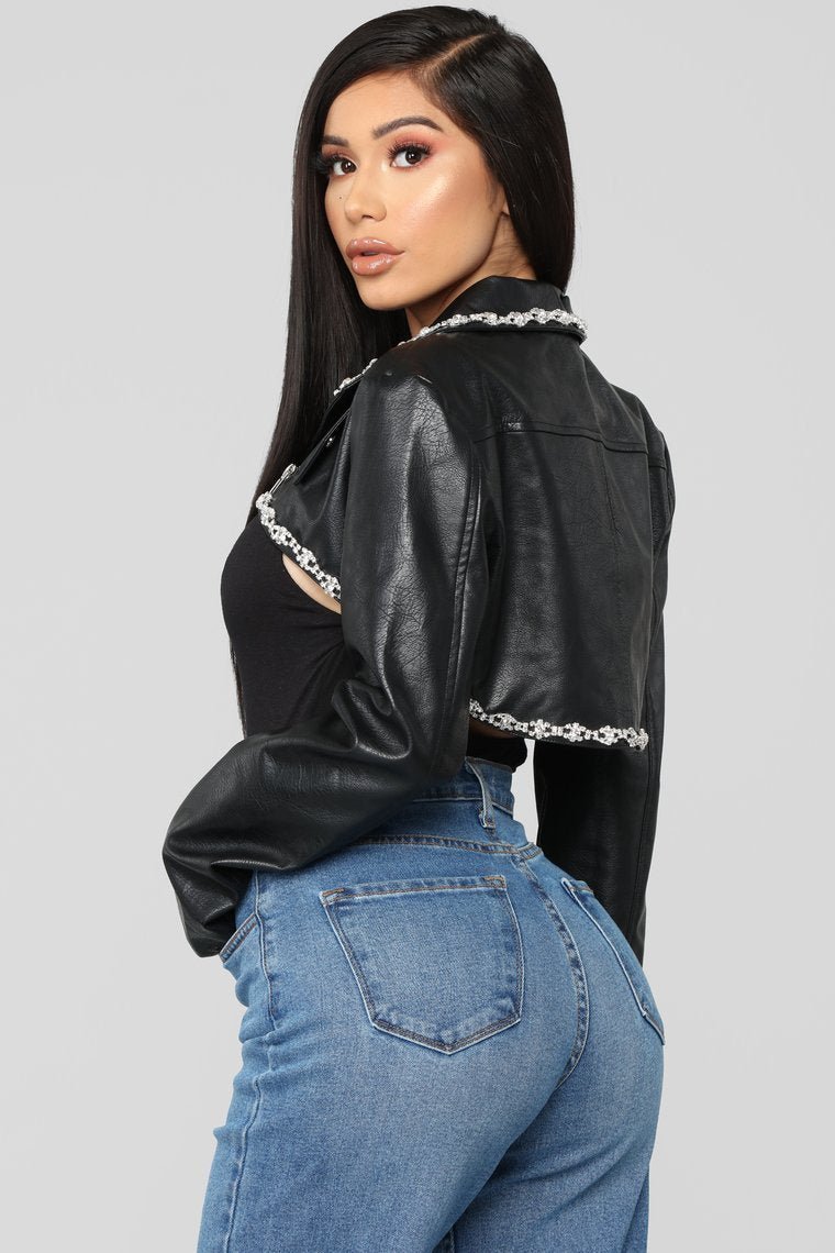 Rhinestone Flair Cropped Jacket - Black - jameswhite001