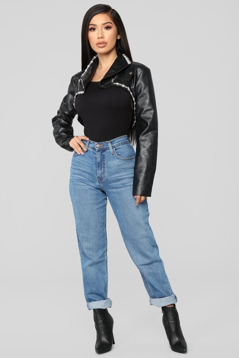 Rhinestone Flair Cropped Jacket - Black - jameswhite001