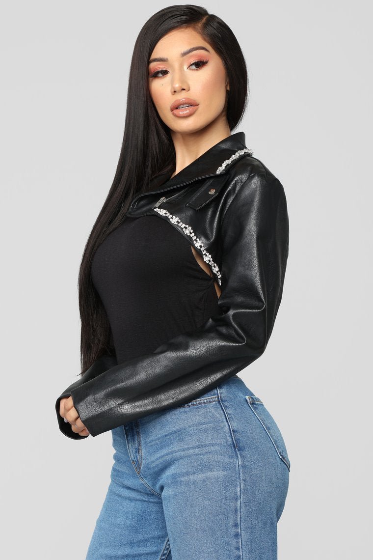 Rhinestone Flair Cropped Jacket - Black - jameswhite001