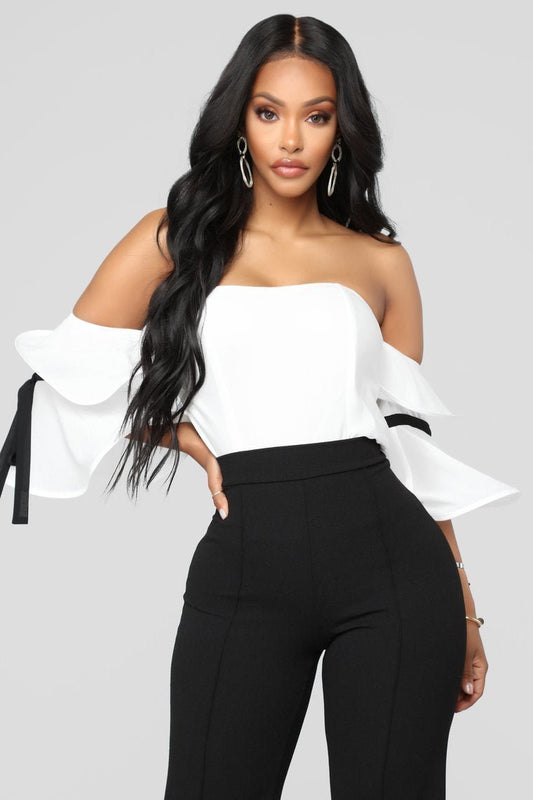 Ruffle Affair Cold Shoulder Top - White - jameswhite001