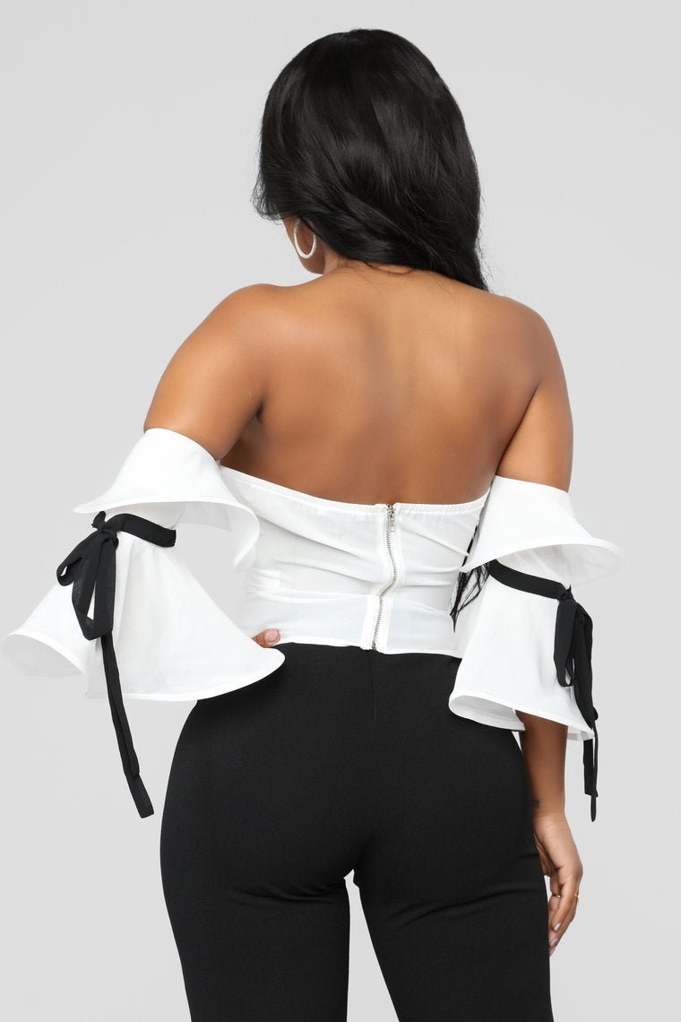 Ruffle Affair Cold Shoulder Top - White - jameswhite001