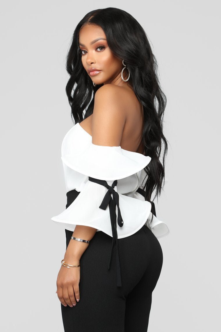 Ruffle Affair Cold Shoulder Top - White - jameswhite001