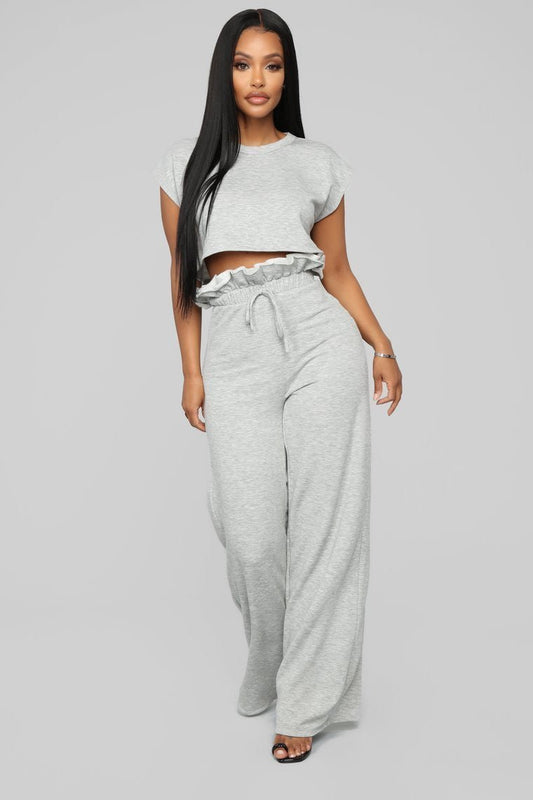 Ruffle Chillin Pant Set - Heather Grey - jameswhite001