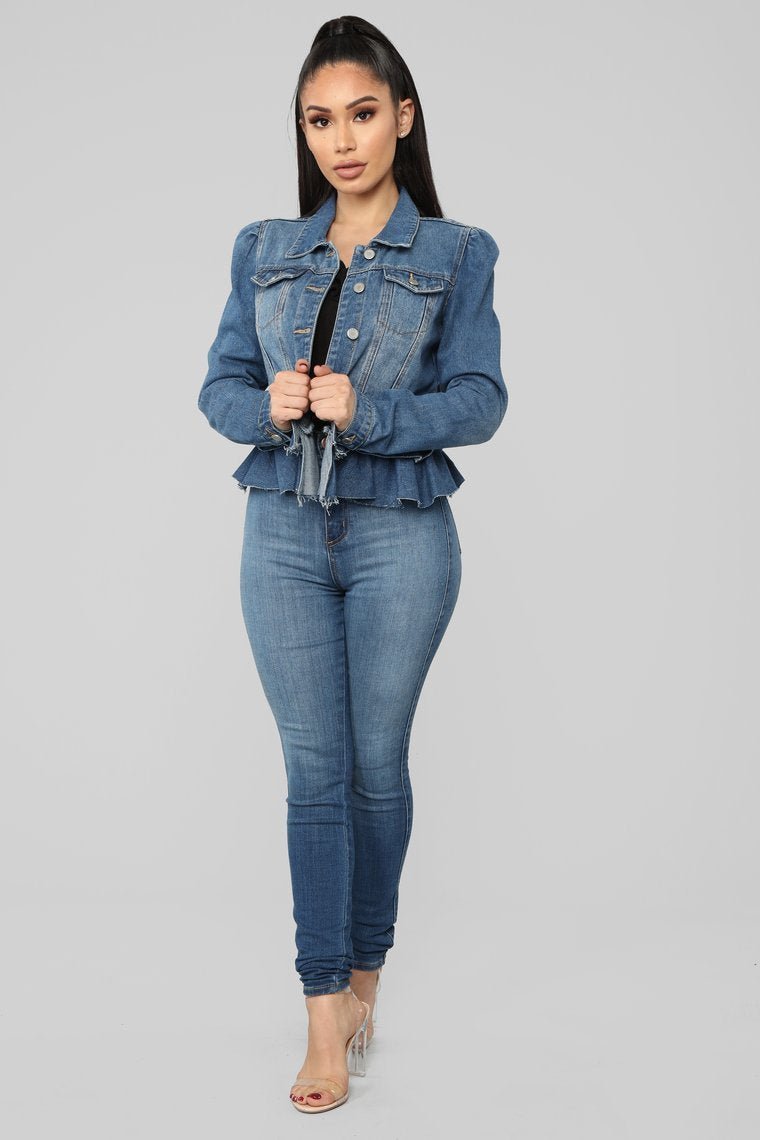 Ruffle Up Denim Jacket - Medium Wash - jameswhite001