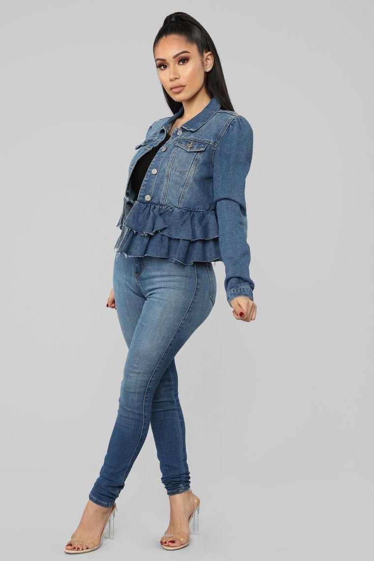 Ruffle Up Denim Jacket - Medium Wash - jameswhite001