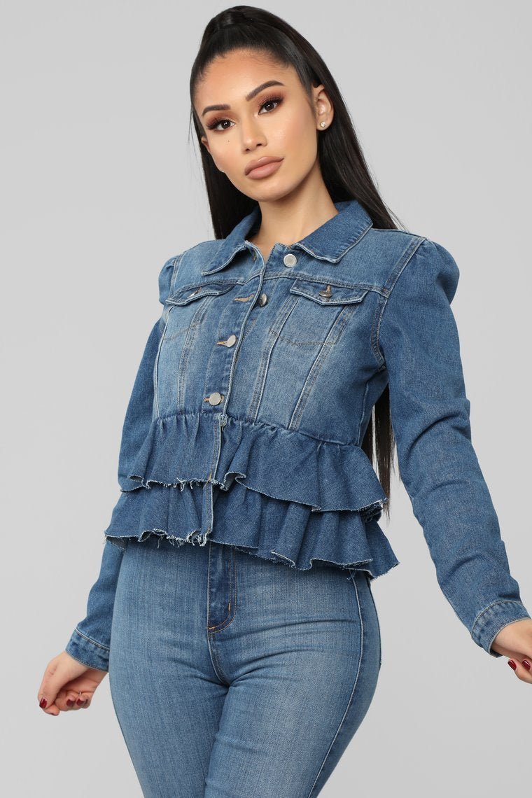 Ruffle Up Denim Jacket - Medium Wash - jameswhite001