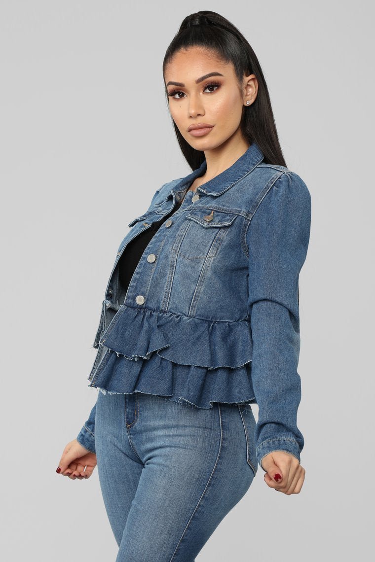 Ruffle Up Denim Jacket - Medium Wash - jameswhite001