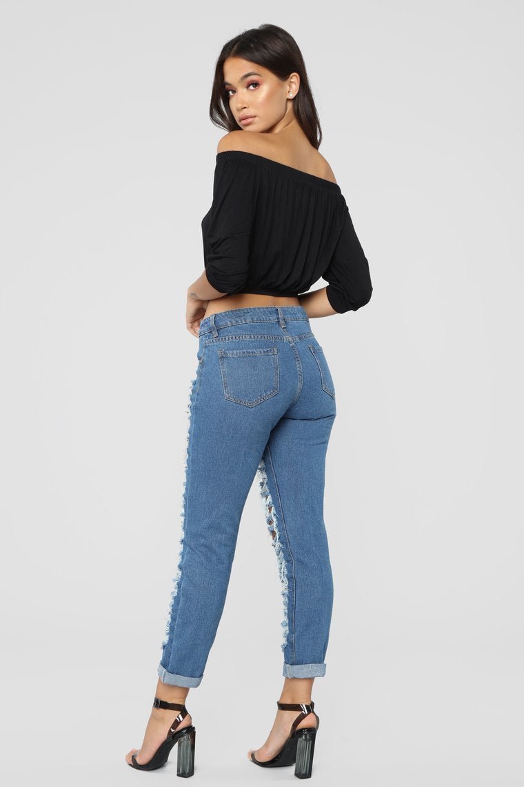 Self Destruct Distressed Boyfriend Jeans - Medium Blue Wash - jameswhite001