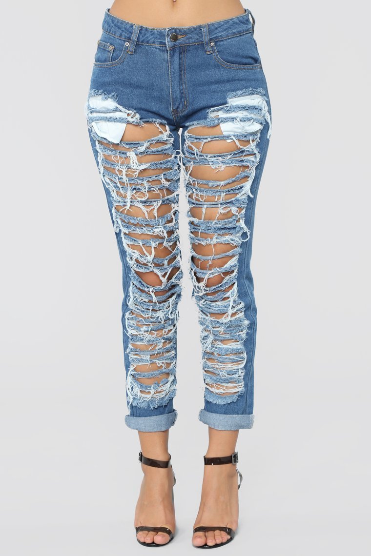 Self Destruct Distressed Boyfriend Jeans - Medium Blue Wash - jameswhite001