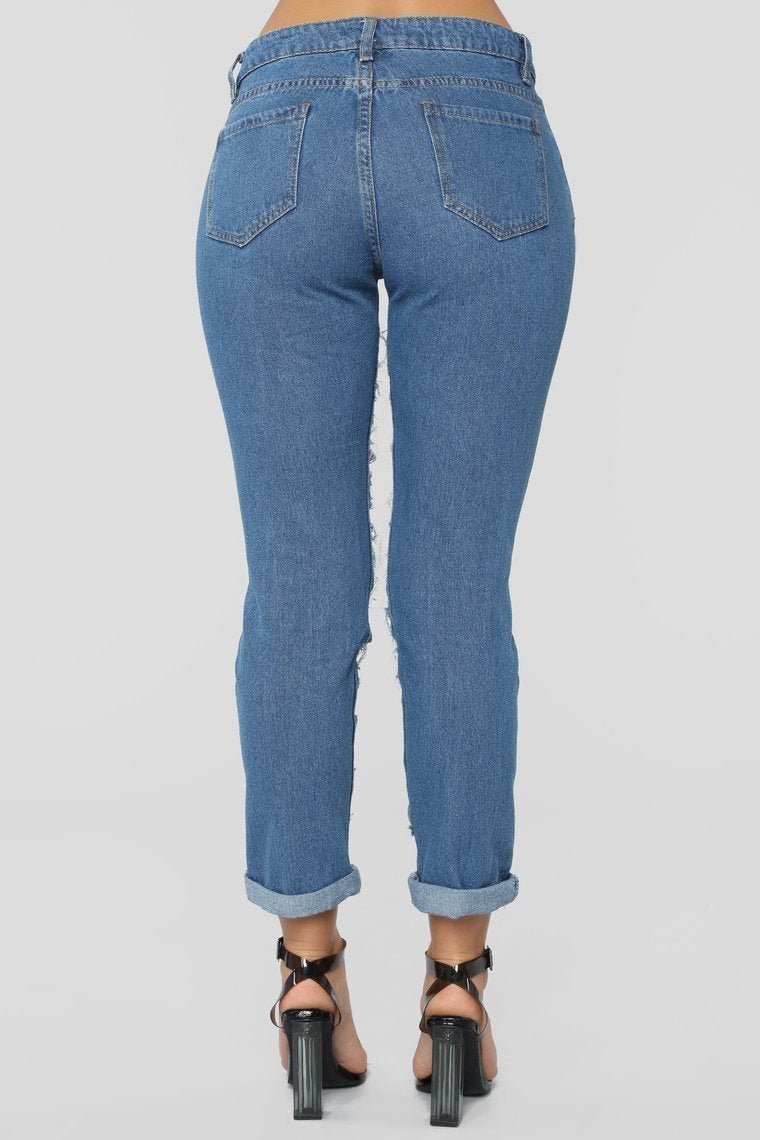 Self Destruct Distressed Boyfriend Jeans - Medium Blue Wash - jameswhite001