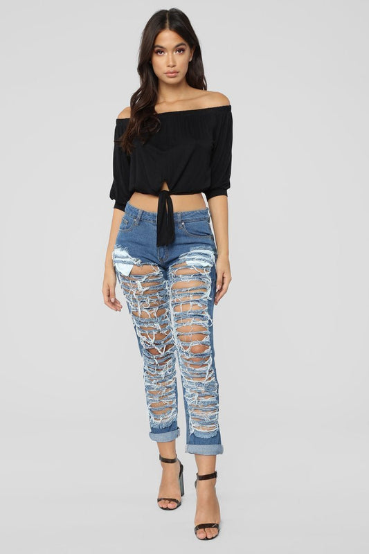 Self Destruct Distressed Boyfriend Jeans - Medium Blue Wash - jameswhite001