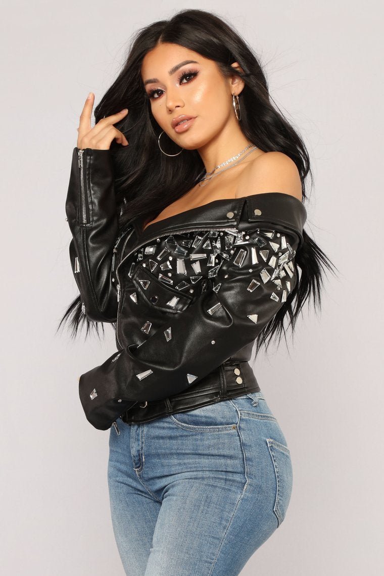 Shattered Glass Off Shoulder Jacket - Black - jameswhite001