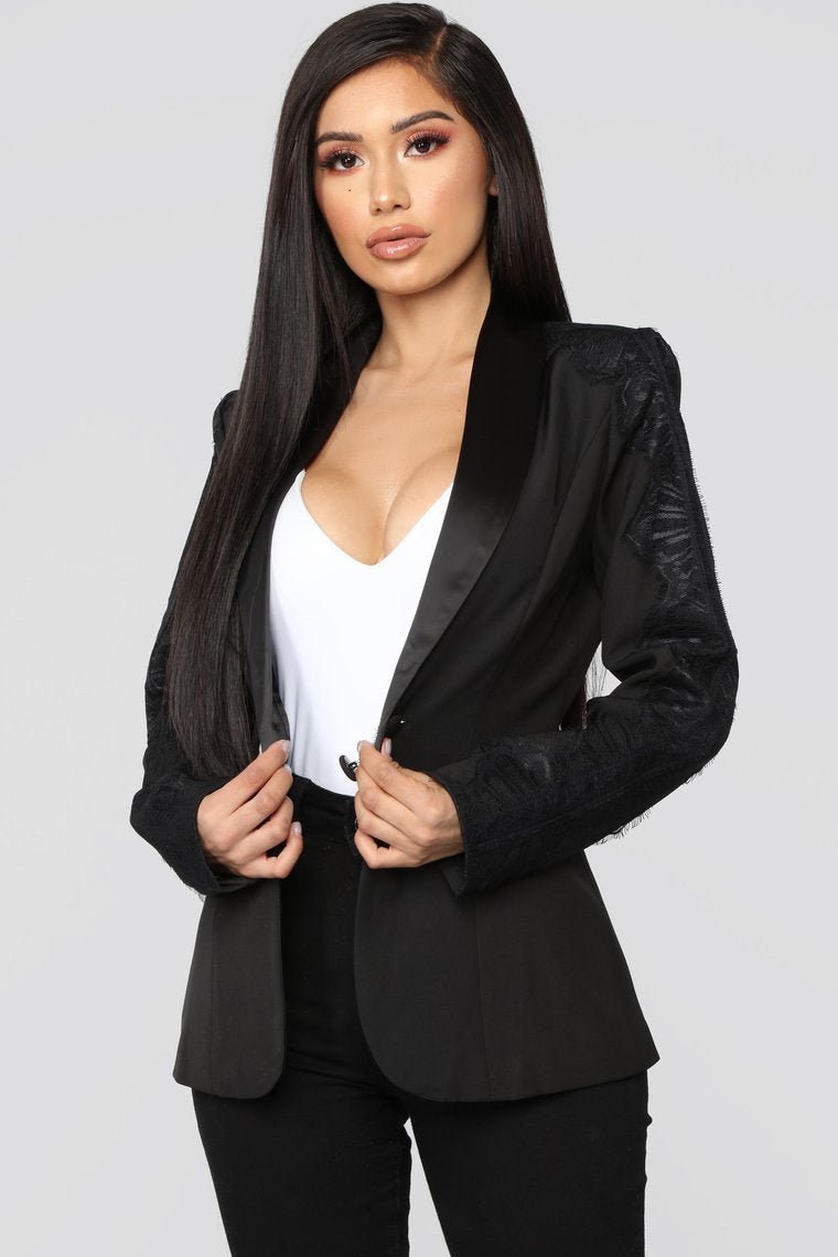 She Means Business Lace Trim Blazer - Black - jameswhite001