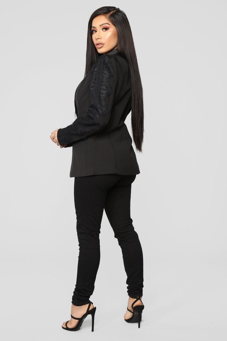 She Means Business Lace Trim Blazer - Black - jameswhite001