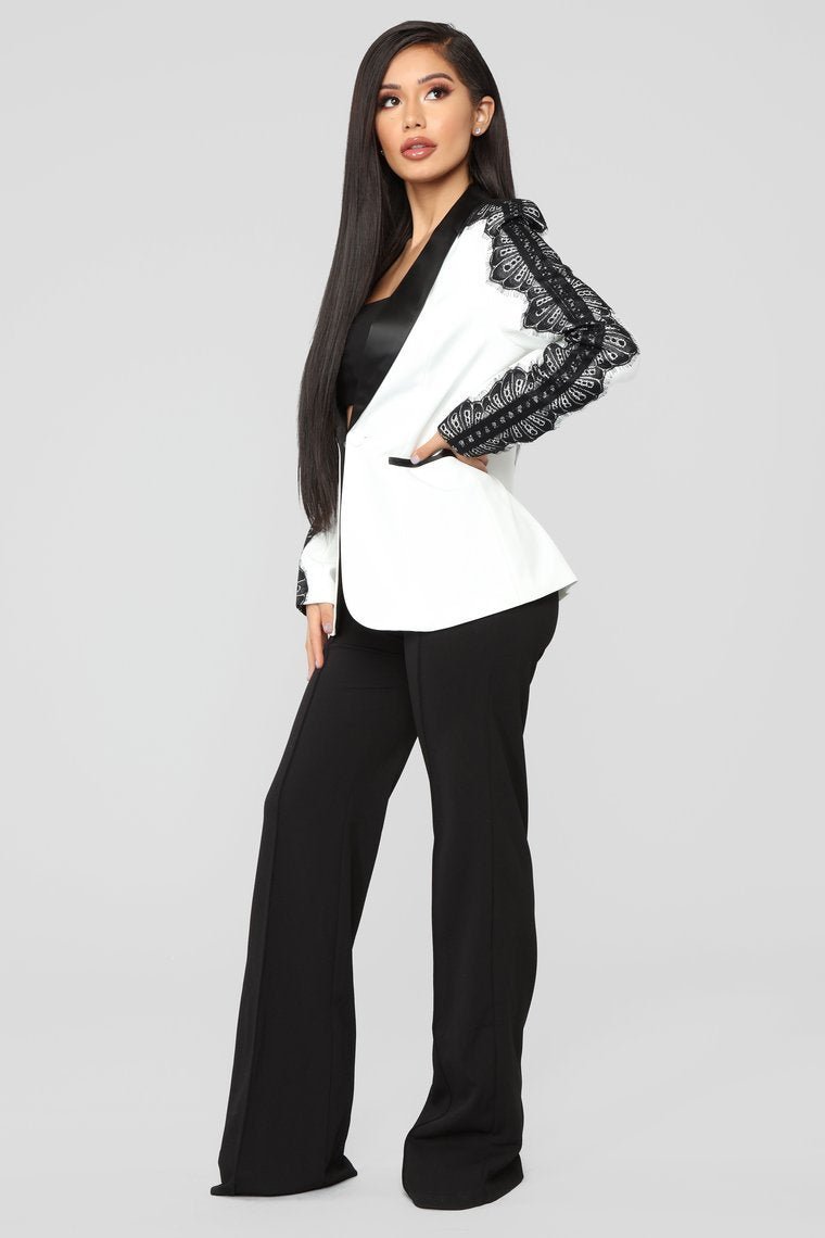 She Means Business Lace Trim Blazer - White - jameswhite001