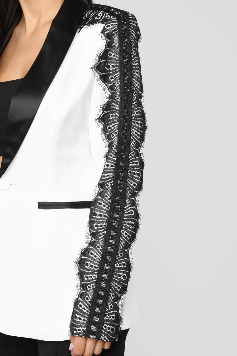 She Means Business Lace Trim Blazer - White - jameswhite001