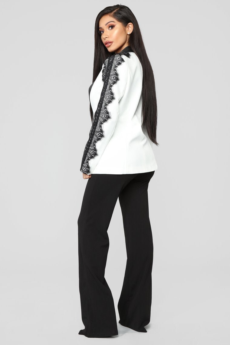 She Means Business Lace Trim Blazer - White - jameswhite001