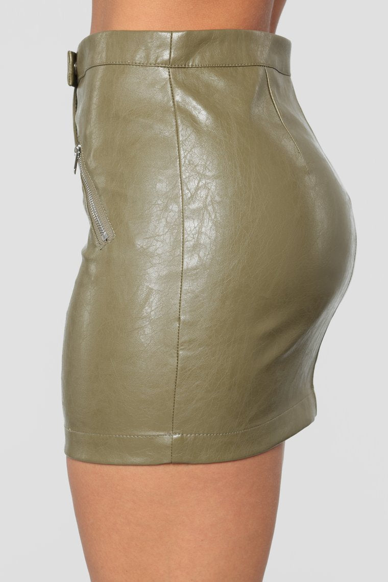 Straight To Voicemail Faux Leather Skirt - Olive - jameswhite001