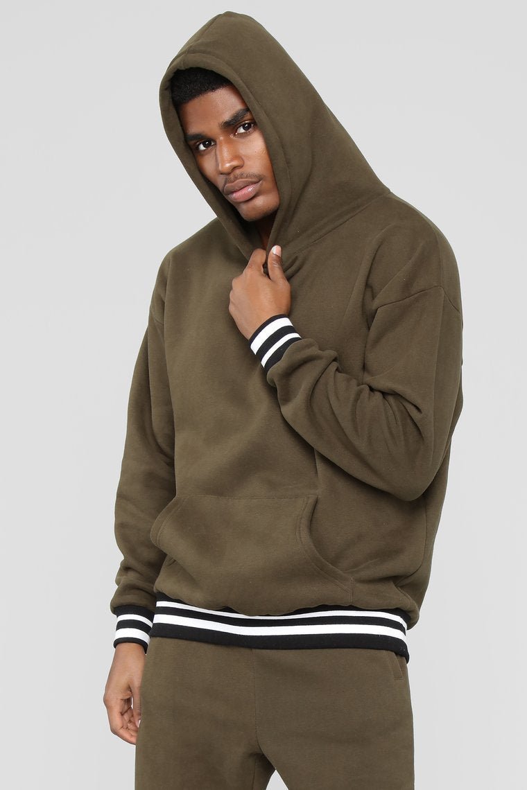 Striped Hem Hoodie - Olive - jameswhite001