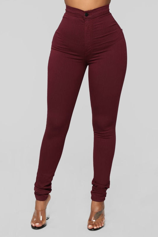 Super High Waist Denim Skinnies - Burgundy - jameswhite001