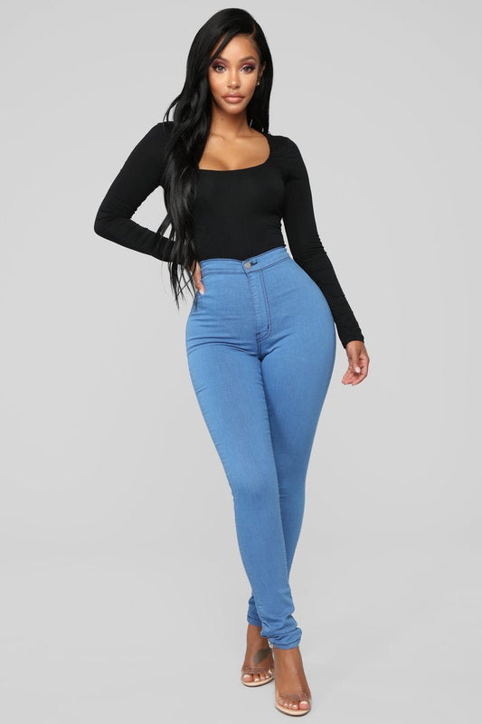 Super High Waist Denim Skinnies - Medium Blue - jameswhite001