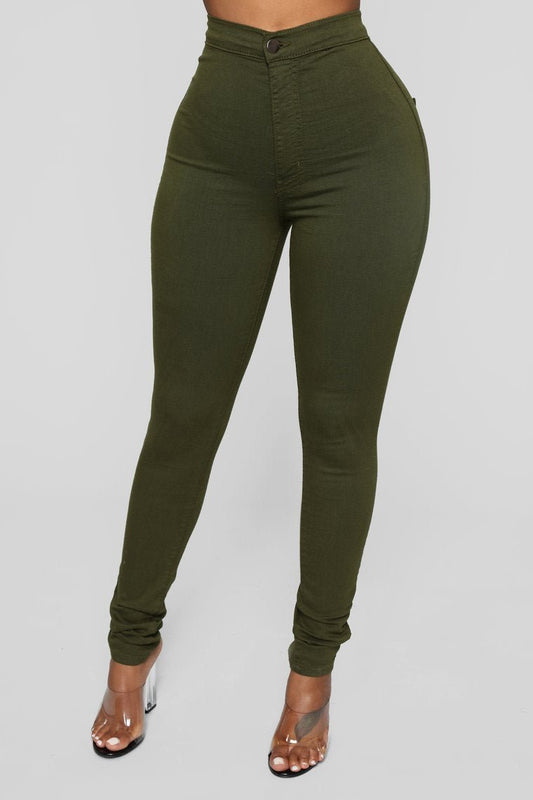 Super High Waist Denim Skinnies - Olive - jameswhite001