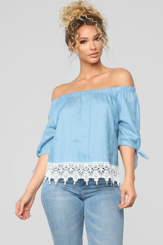 Tell Me More Off Shoulder Top - Denim - jameswhite001