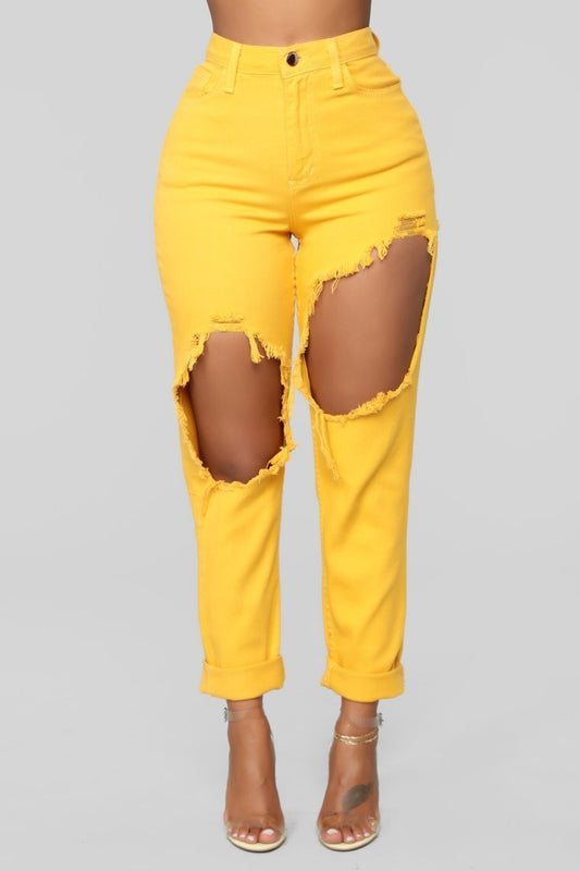 Time To Burn Distressed Boyfriend Jeans - Mustard - jameswhite001