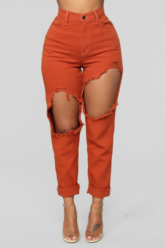 Time To Burn Distressed Boyfriend Jeans - Rust - jameswhite001