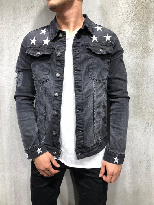 TRUCKER DENIM JACKET RIPPED STAR EMBROIDERY 3988 - jameswhite001