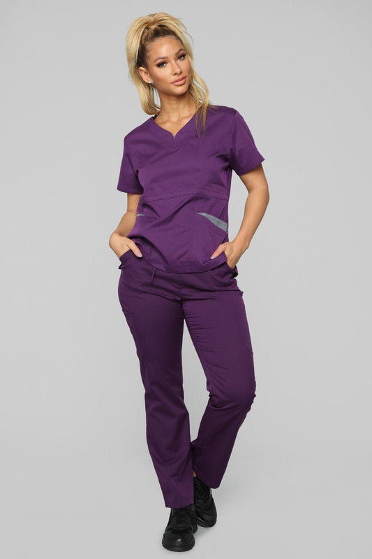 Vital Signs Fitted Scrub Set - Eggplant/Grey - jameswhite001