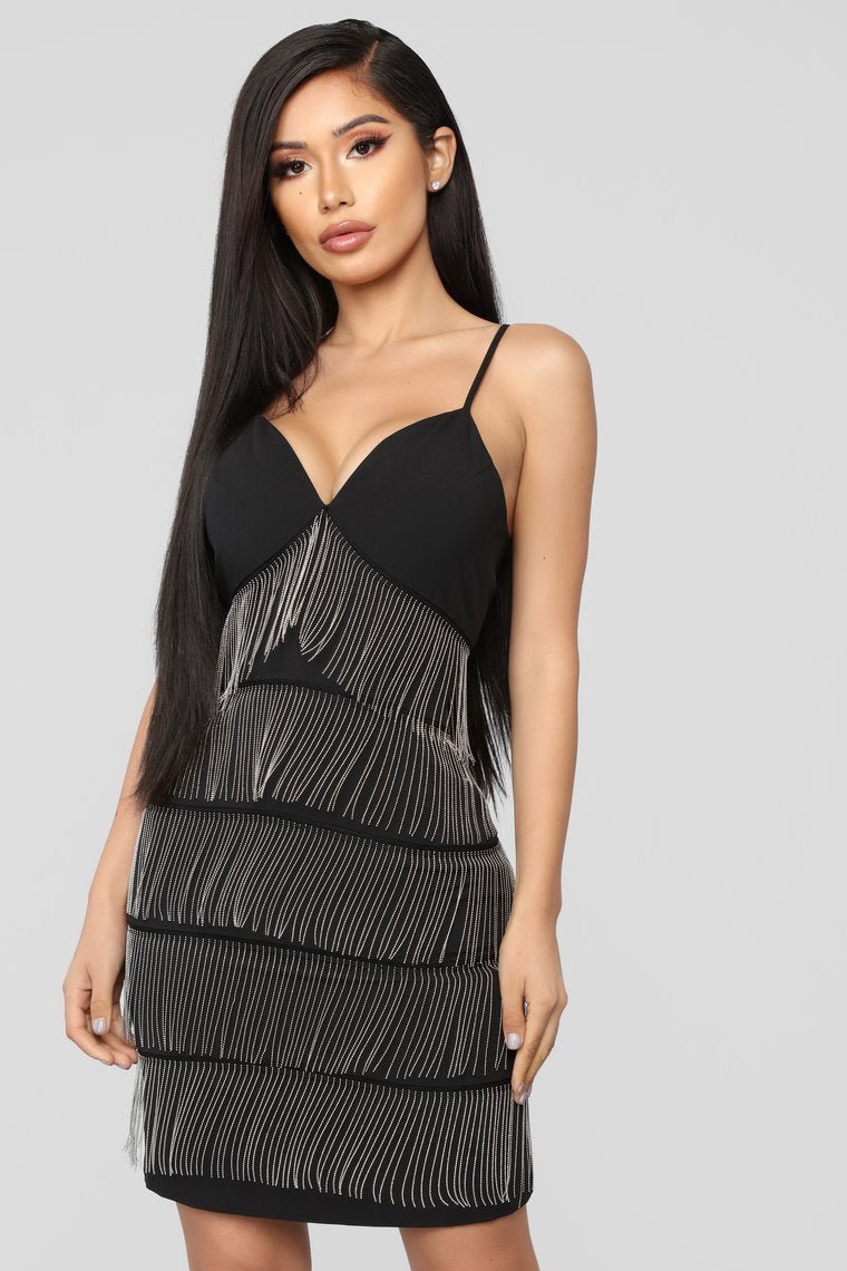 Watch Me Move Fringe Mini Dress - Black - jameswhite001