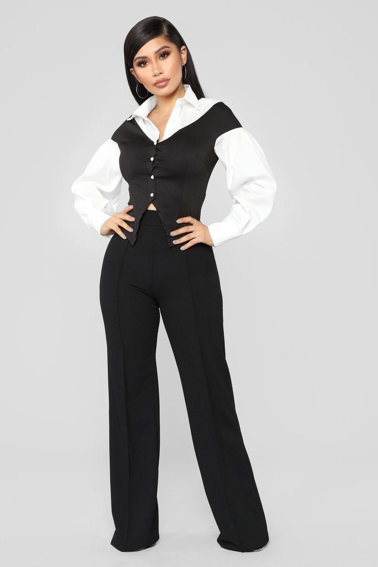 Workin' Bae Pearl Button Top - Black/White - jameswhite001
