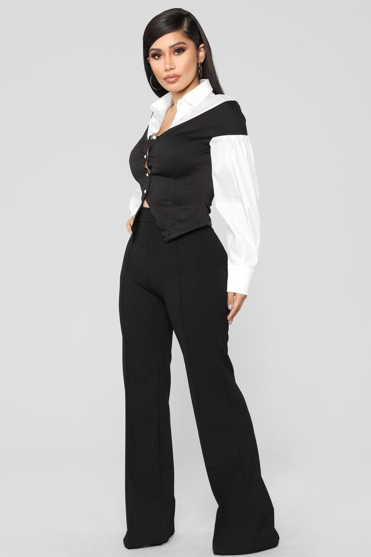 Workin' Bae Pearl Button Top - Black/White - jameswhite001