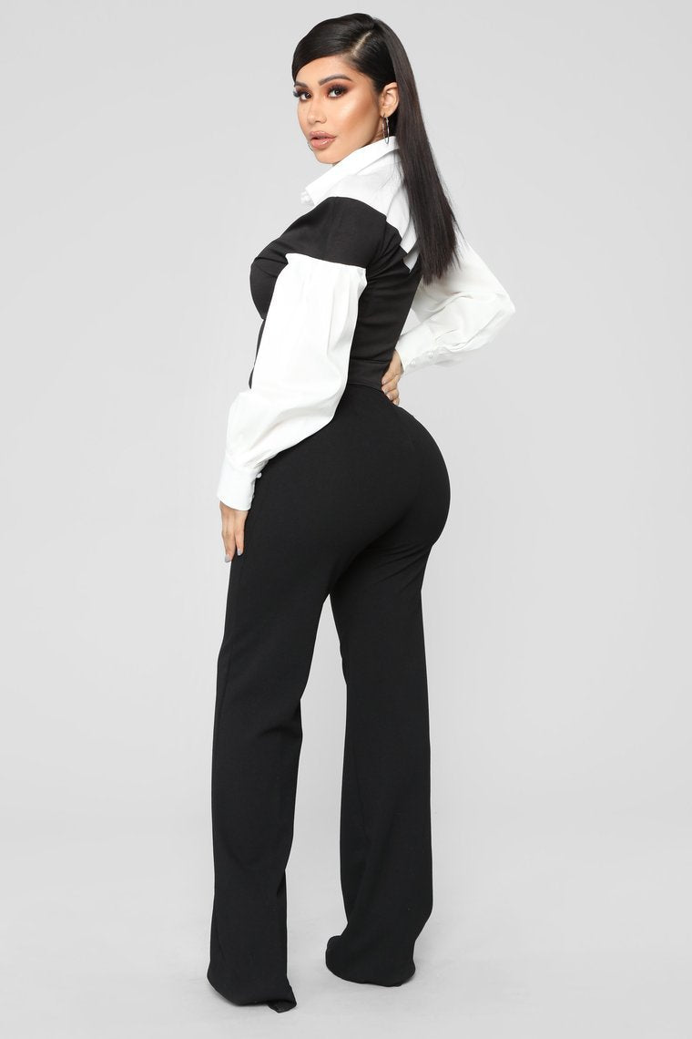 Workin' Bae Pearl Button Top - Black/White - jameswhite001